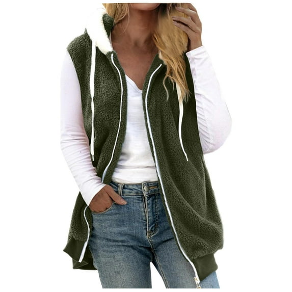 VONCOS Winter Vest for Women Warm Plush Fleece Vest Sleeveless Hooded Faux Fur Coat Outerwear