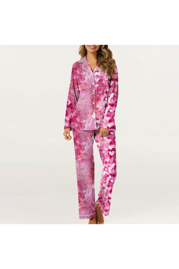 Women Casual Pajamas Sets Long Sleeve Lapel Love Heart Print Button Down Shirt and Pants Set Pink Size S
