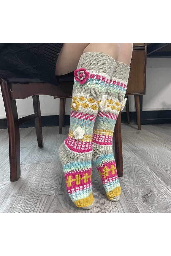Women's Boho Pink Knee High Socks - 3D Floral Geometric Vintage, Soft Polyester Non-Slip Elastic Cuff One Size for Ladies