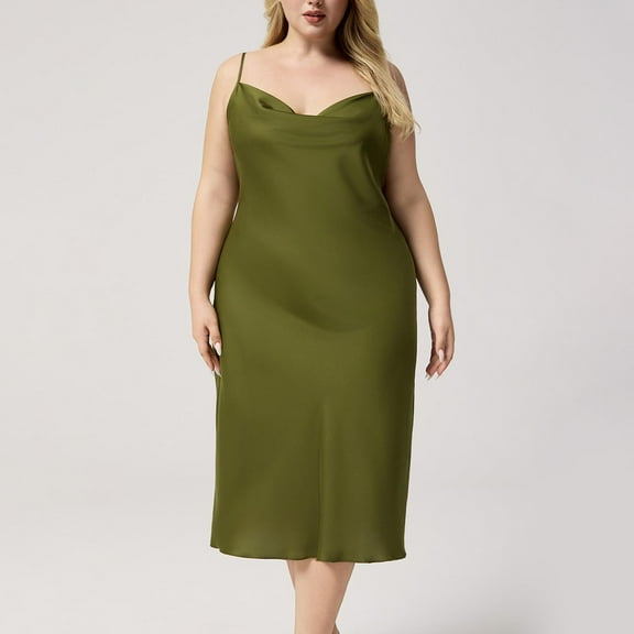 Voncos Women's Curvy Silky Slip Dress - Cowl Neck Thin Straps Midi Nightgown, Wrinkle-Free Cozy Sleep Dress Loungewear Green 3XL