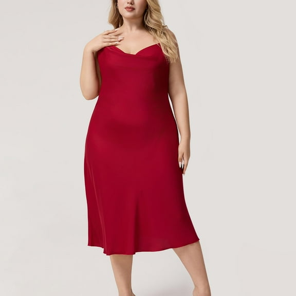 Voncos Women's Curvy Silky Slip Dress - Cowl Neck Thin Straps Midi Nightgown, Wrinkle-Free Cozy Sleep Dress Loungewear Red XL