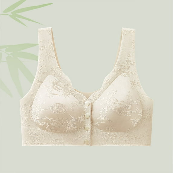 Voncos Women's Front Closure Wirefree Bra - Plus Size L Beige, Wide Straps, Comfortable Everyday & Post-Surgery Sleep Bra