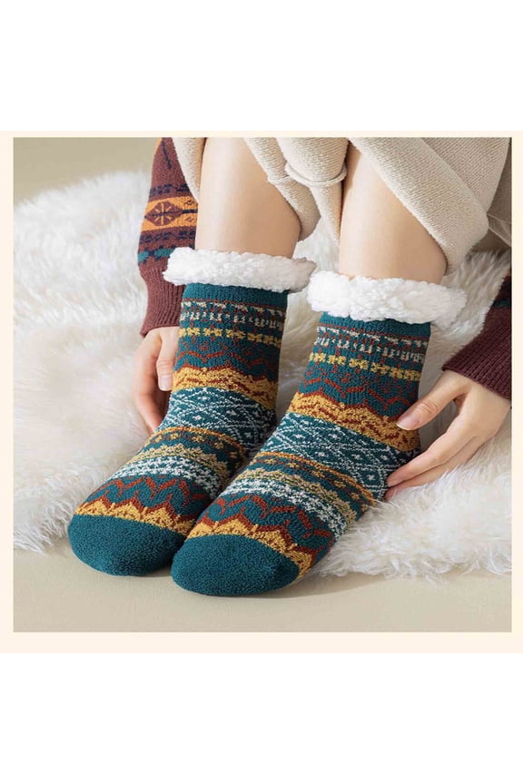Women's Green Mid Calf Socks - Bohemian Retro Fleece Lined Warm Soft Stretch Socks for Fall Winter Casual Loungewear (1 Piece)