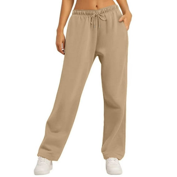 Voncos Women's High Waisted Relaxed Straight Leg Pants - 100% Polyester, Side Pockets & Drawstring, Khaki Size L (Fits US 8) - Comfortable for Casual & Loungewear
