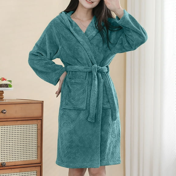 Voncos Women's Hooded Bathrobe with Belt & Pockets, Cozy Soft Plush Long Sleeve Robe, Warm Fleece Ladies Loungewear for Post-Shower & Home Green S-M