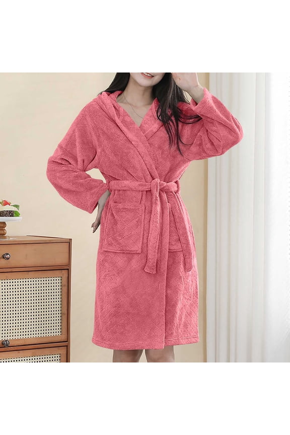 Women's Hooded Bathrobe with Belt & Pockets, Cozy Soft Plush Long Sleeve Robe, Warm Fleece Ladies Loungewear for Post-Shower & Home Red S-M