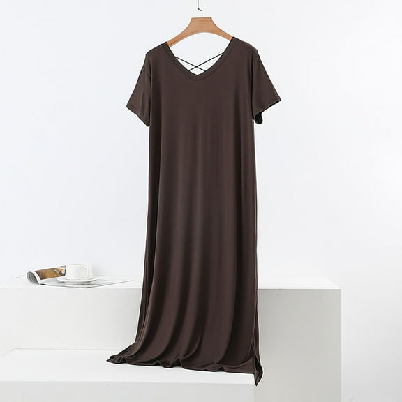 Voncos Women's Maxi Nightgown -Short Sleeves V-Neck Pullover Sleep Dress Side Slit Soft Modal Cotton Blend Breathable Sleepwear for Sleep & Lounging Brown L