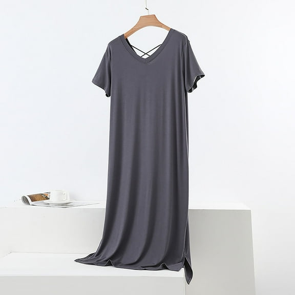 Voncos Women's Maxi Nightgown -Short Sleeves V-Neck Pullover Sleep Dress Side Slit Soft Modal Cotton Blend Breathable Sleepwear for Sleep & Lounging Gray XL