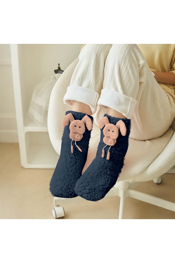 Women's Navy Bunny Plush Socks - Warm Fuzzy 3D Animal Applique, Soft Nylon Spandex Cuffed Socks, One Size Fits Most for Indoor Lounge