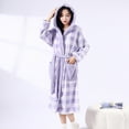thumbnail image 1 of Voncos Women's Plaid Bathrobe -Warm Plush Hooded Long Robes with Pockets, Belted Stretchy Loungewear, Cozy Durable Home & Post-Shower Robe Purple S-M, 1 of 5