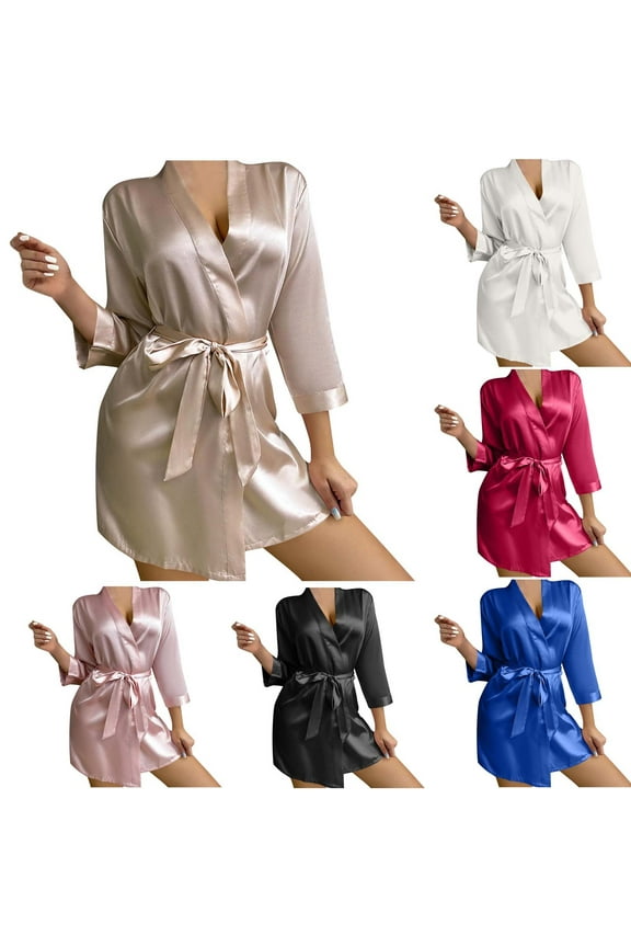 Women's Satin Kimono Robe,Soft 3/4 Sleeves Midi Sleep Dress Knee Length Stretch Bridal Nightgown Loungewear with Belt White XL
