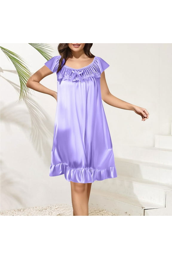 Women's Satin Nightgown -Lace Trim Ruffled Neck Short Flutter Sleeves Sleep Dress Soft Lightweight Sleepwear for Sleep & Lounge Purple S-M