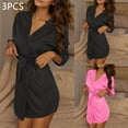 thumbnail image 1 of Voncos Women's Satin Robe Set 3-Piece - V Neck Long Sleeve Self-Tie Waist Sleep Dress Stretch Loungewear for Bridesmaids Pink S-M, 1 of 9