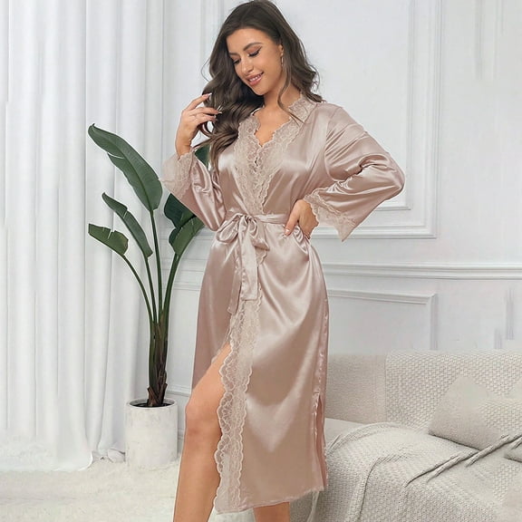Voncos Women's Satin Robe with Lace Trim, Long Sleeve Silk Kimono Robes , Tie Waist, Bridal Getting Ready Loungewear for Women Brown L