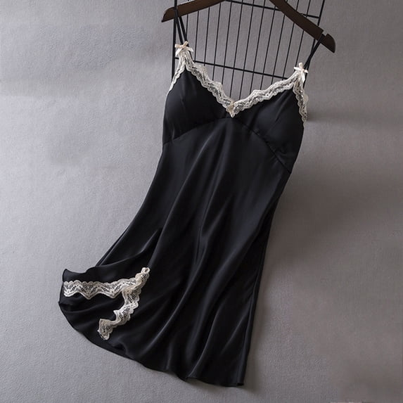 Voncos Women's Silk-Like Chemise, Lace Trim Adjustable Straps Nightgown, Elegant Midi Soft Sleepwear & Loungewear Black L