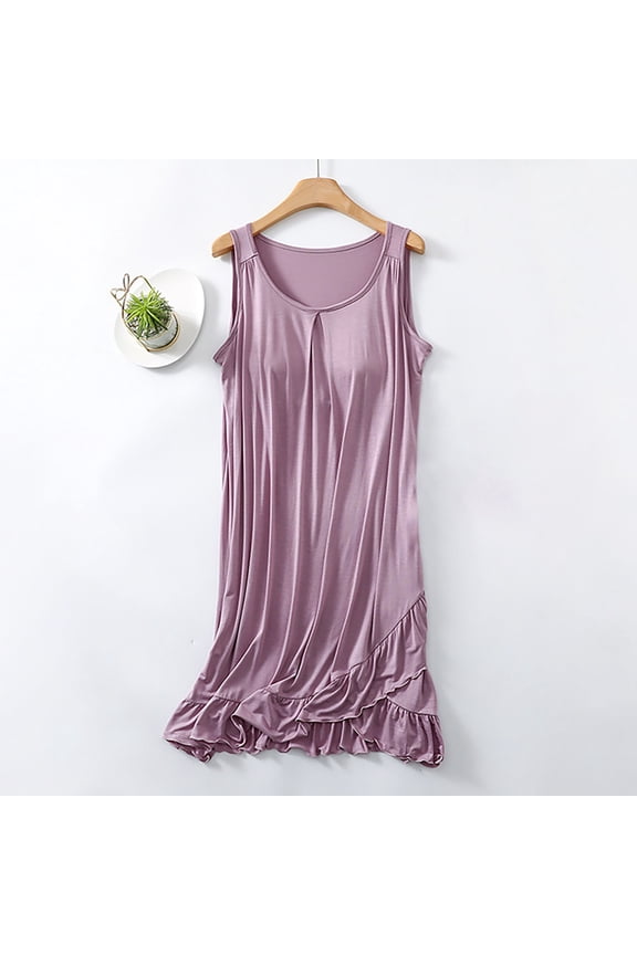 Women's Sleeveless Nightgown, Modal Cotton Blend Soft Sleep Dress, Loose Fit Ruffled Hem Breathable Plus Size Sleepwear, Machine Washable Purple L