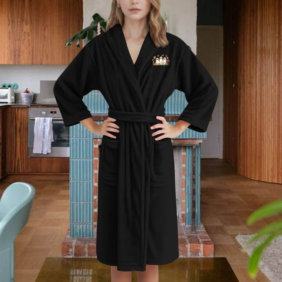 Voncos Women's Soft Flannel Robe with Pockets, Shawl Collar Cozy Plush Knee Length Bath & Loungewear Black M