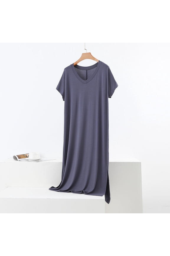 Women's Soft Midi Nightgown , V-Neck Short Sleeve Cozy Modal Cotton Blend Sleep Dress Loose Fit Knee Length Lounge Gown with Side Slits, Machine Washable Gray L