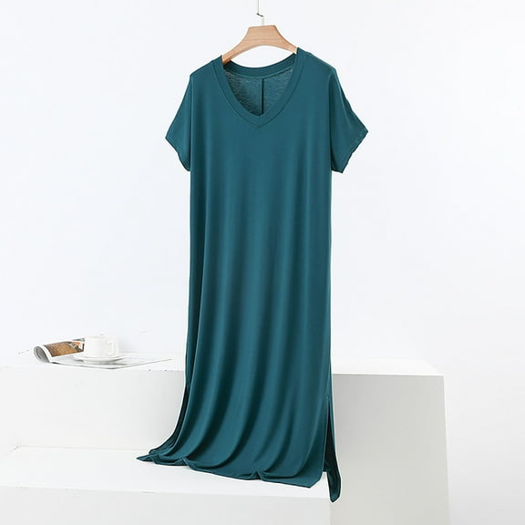 Voncos Women's Soft Midi Nightgown , V-Neck Short Sleeve Cozy Modal Cotton Blend Sleep Dress Loose Fit Knee Length Lounge Gown with Side Slits, Machine Washable Green XL