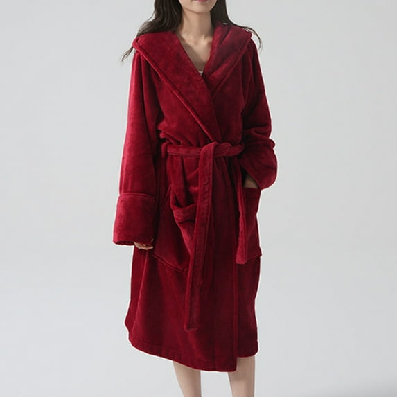 Voncos Women's Soft Plush Bathrobe with Pockets, Warm Thickened Long Flannel Robe, Shawl Collar Belted Loungewear Red S-M