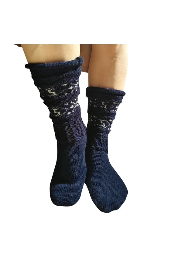 Women's Vintage Nordic Slouch Mid-Calf Socks - Warm Soft Polyester Patterned Socks, One Size Fits Most, Blue for Casual Home & Boot Wear
