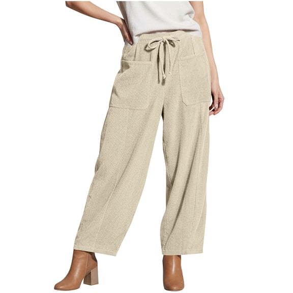Voncos Womens Beige Cotton Wide Leg Pants -Corduroy Drawstring Waist, Front Patch Pockets, Stretchy Relaxed Fit for Casual Everyday Errands/Brunch L,Size L