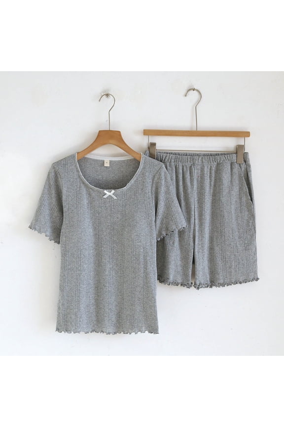 Womens Cotton Pajamas Sets Short Sleeve with Pockets Gray Ruffle Trim Bow Sleepwear Lounge Set,Size XL