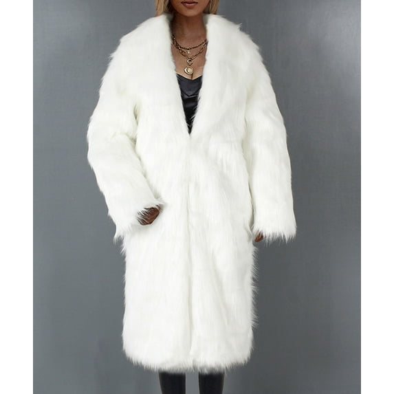 Voncos Womens Faux Fur Coat Warm Plush Overcoat Fall Winter Fleece Jacket Long Trench Coat Cardigan Christmas Gift White S