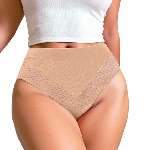Voncos Womens High Waisted Seamless Underwear - Beige, Nylon Spandex Stretchy Panty with Mesh Side, Breathable No Panty Line, S-XL,Size S