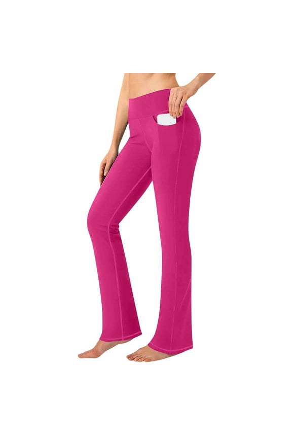 Womens Hot Pink Stretchy Flare Yoga Pants - High Waisted with Pockets, Polyester Spandex,for Gym, Errands & Casual Wear M,Size M