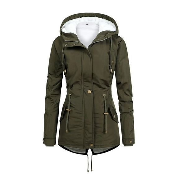 VONCOS Womens Jacket Hooded Fall Winter Lightweight Warm Long Sleeve Solid Color Thicken Casual Plus Size Hooded Coat Army Green Size L