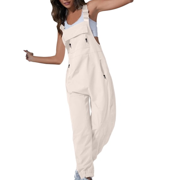 Voncos Womens Jumpsuits Suspender Sleeveless Casual Solid Color Straight-Leg Overalls Cargo Pants Beige Trousers Size XL