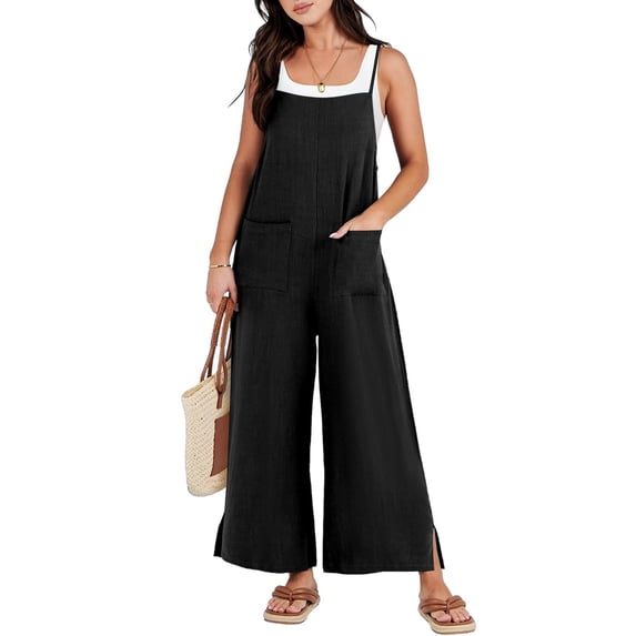 Voncos Womens Jumpsuits Wide Leg Solid Color Sleeveless Cotton Linen Loose Overalls Pants Black Trousers Size XL