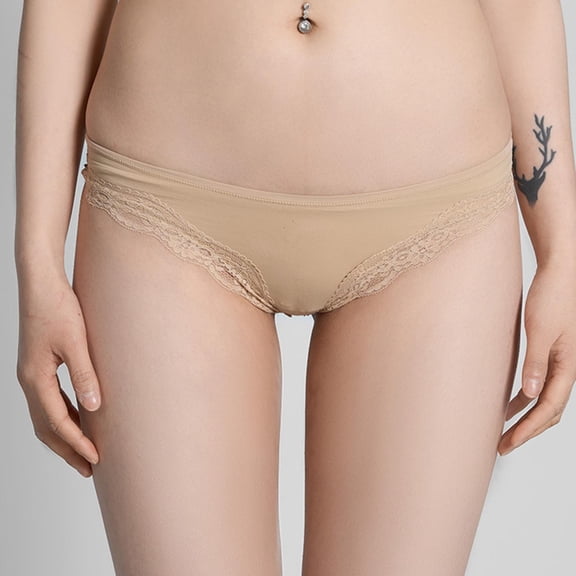 Voncos Womens Low Rise Bikini Panties with Lace Trim - Nylon Spandex Soft Stretch Breathable All-Day Comfort Underwear, Beige,Size L