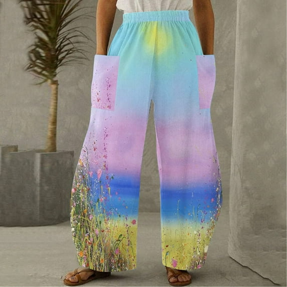 Voncos Womens Pants Clearance- Women Casual Printing Pockets Elastic Mid-Waist Comfortable Wide-Legged Loose Pants Army Green XL