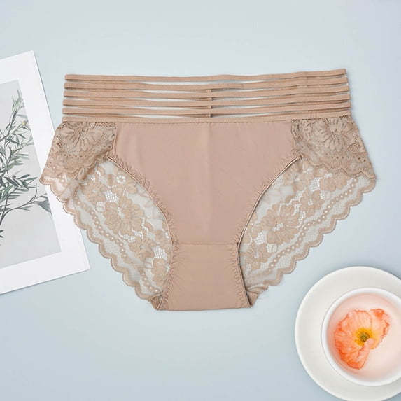 Voncos Womens Plus Size Beige Lace Panties - High Waisted Stretchy Comfortable Briefs with Elastic Waist,Size XL