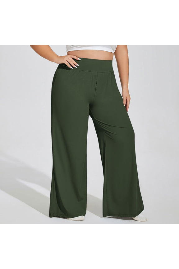 Womens Plus Size High Waisted Wide Leg Pants Army Green - Soft Stretch Polyester Spandex, All-Day Comfort for Daily/Lounge Wear 3XL,Size 3XL