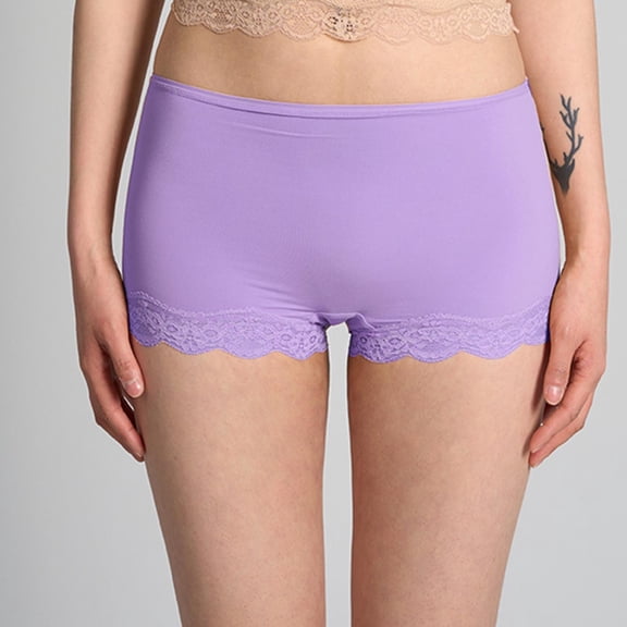 Voncos Womens Purple Breathable Lace Accent Boy Shorts - Nylon Spandex Stretchy Seamless, Comfortable for Daily Wear, Loungewear & Light Activities,Size M