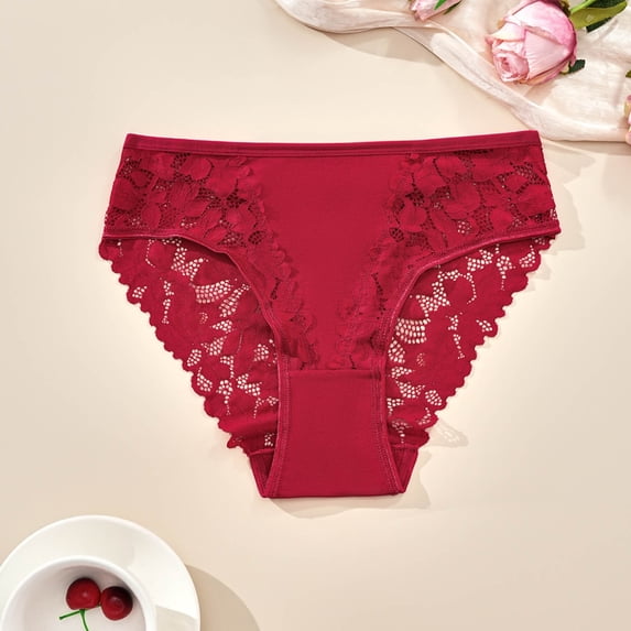 Voncos Womens Red Plus Size Lace Panties - 95% Polyester 5% Spandex Stretchy Floral Lace Underwear with Breathable Crotch (XL-XXXXL),Size XL