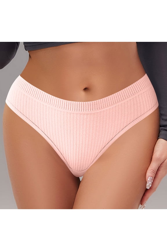 Womens Ribbed Thong Panties, Pink Seamless No Show, Nylon Spandex Low-Rise Underwear, Comfort for Tight Clothes, Size XS-XL,Size XS