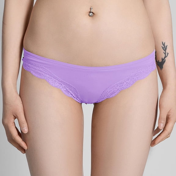 Voncos Womens Soft Stretch Lace Accent Bikini Panties - Nylon Spandex Low Rise Breathable All-Day Comfort Underwear, Purple,Size M