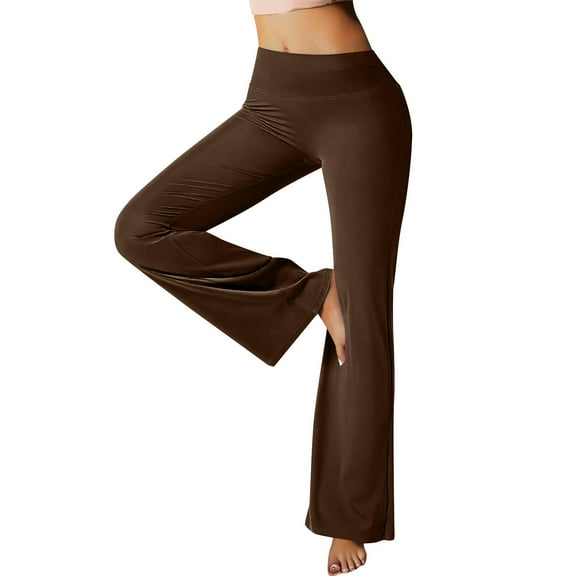 Voncos Womens Stretchy Flare Leg Pants - High Waisted, Brown, Polyester Spandex, All-Day Comfort for Casual/Workout/Semi-Forma L,Size L