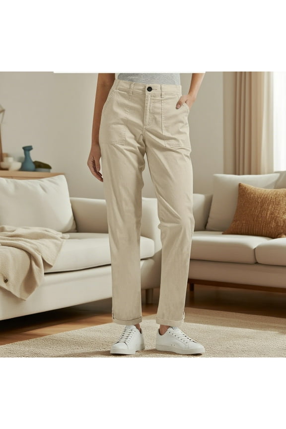 Cargo Pants for Women Elastic High Waist Khaki Pants with Pockets Fall Winter Casual Work Trouser Beige L