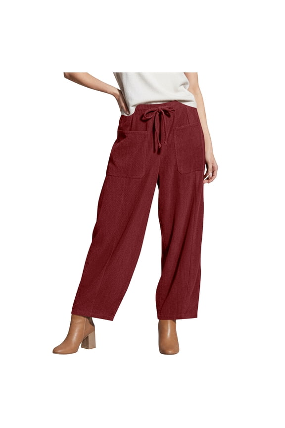 Womens Wine Wide Leg Corduroy Pants - Relaxed Fit Elastic High Waist Ankle Pants with Drawstring Waist & Patch Pockets M,Size M