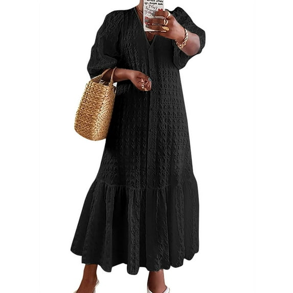 Vonda Women's Shirt Casual Loose Ruffle Hern V Neck Half Sleeve Dress, Size L