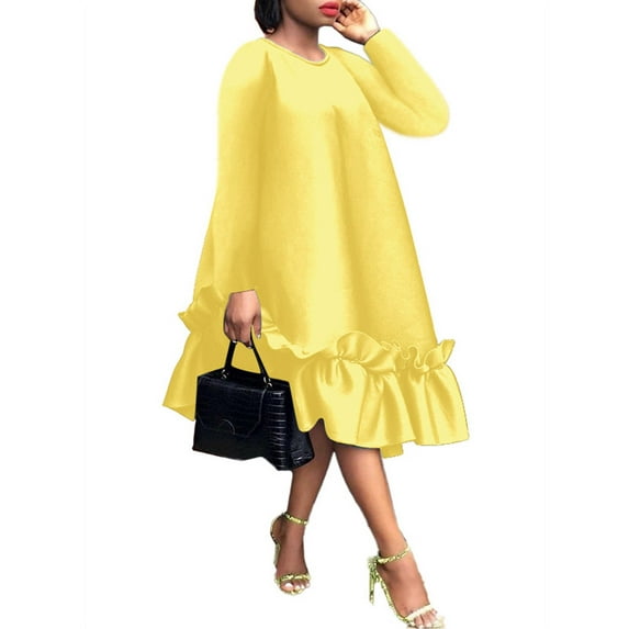 Vonda Women's Smock Vintage Ruffle Hem Casual Loose Calf Length Dress
