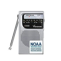 Vondior NOAA/AM/FM 2 AA Battery Operated Portable Radio with Longest Lasting Transistor, Silver