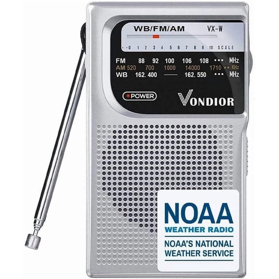 Vondior NOAA Weather Radio, Emergency AM/FM, Best Reception Long Lasting Transistor, 1.1'' H, Silver