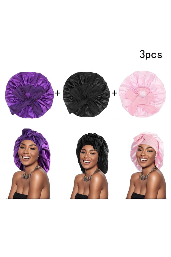 3 Pack Satin Sleeping Bonnet, Silk Bonnet for Sleeping Women,Large Satin Sleep Bonnet with Long Strap, Adjustable Sleep Cap Hair Bonnet for Women & Men, Black+Purple+pink