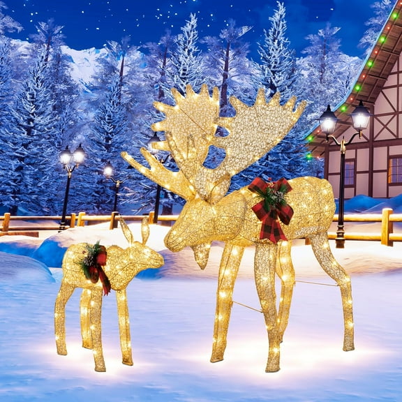 Vongrasig 2-Piece 3D Lighted Christmas Reindeer Family, Pre-Lit Gold Christmas Decor Deer with 170 Warm White LED Lights, Outdoor/Indoor Festive Holiday Decoration for Yard Patio Lawn Garden Party